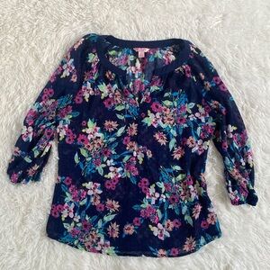 Candie's Navy Floral Blouse with Pink & Teal Accents